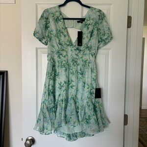 NWT lulus Adored Behavior Light Green Floral Cutout Puff Sleeve Mini Dress XL
